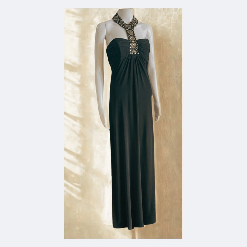 Laundry Shelly Segal Black Strapless Beaded Dress with Column Neckline